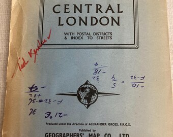 Carte vintage des géographes de 15 cm du centre de Londres, années 50