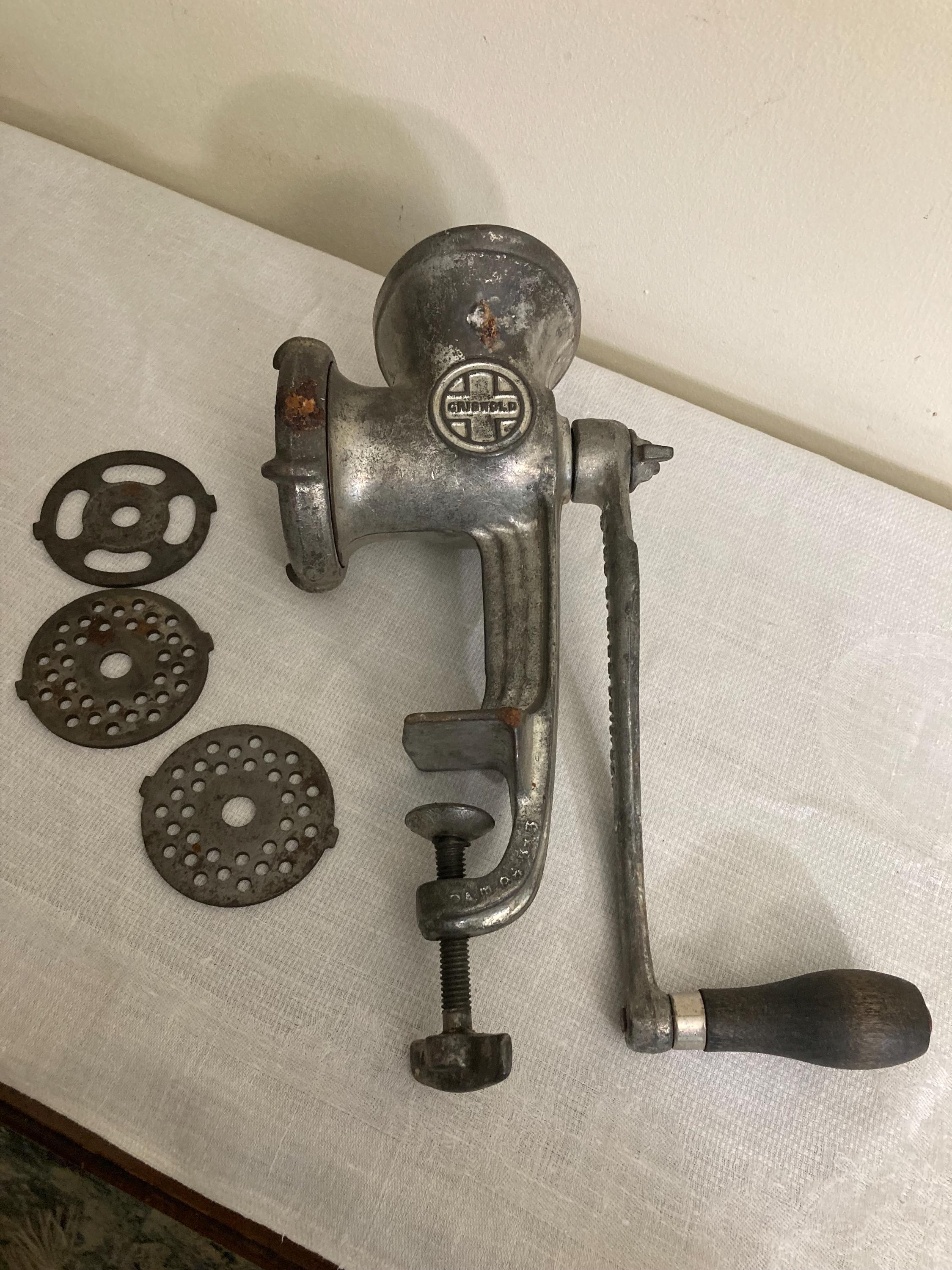 Griswold #2, 1713, Cast Iron, Hand Crank, Meat Grinder, Table
