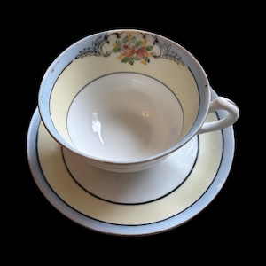 Peut inclure: Un service à thé vintage composé d'une tasse et d'une soucoupe. La tasse et la soucoupe ont une base jaune pâle avec une bordure bleu clair. La tasse présente un motif floral avec des roses roses et jaunes. L'ensemble est en porcelaine.