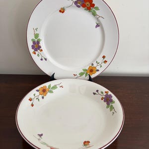 Può includere: Due piatti in ceramica bianca con un motivo floreale. I piatti hanno un bordo bordeaux e sono decorati con fiori arancioni, viola e rossi con foglie verdi. Uno è un piatto piano, l'altro una ciotola più piccola.