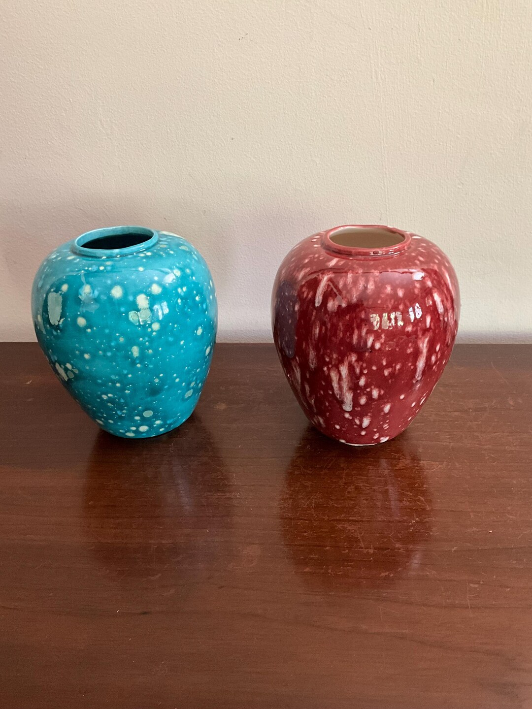 Vintage Ceramic Vases in Dark Red and Blue With Dripped Glazes - Etsy