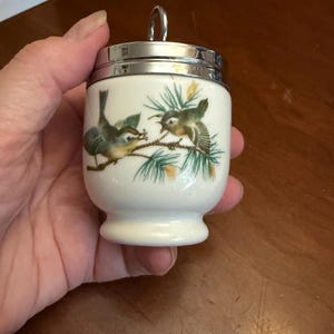 May include: A white porcelain egg coddler with a metallic silver lid and a ring handle. The body features a painted illustration of two small birds perched on green pine branches with brown accents, set against a plain white background.