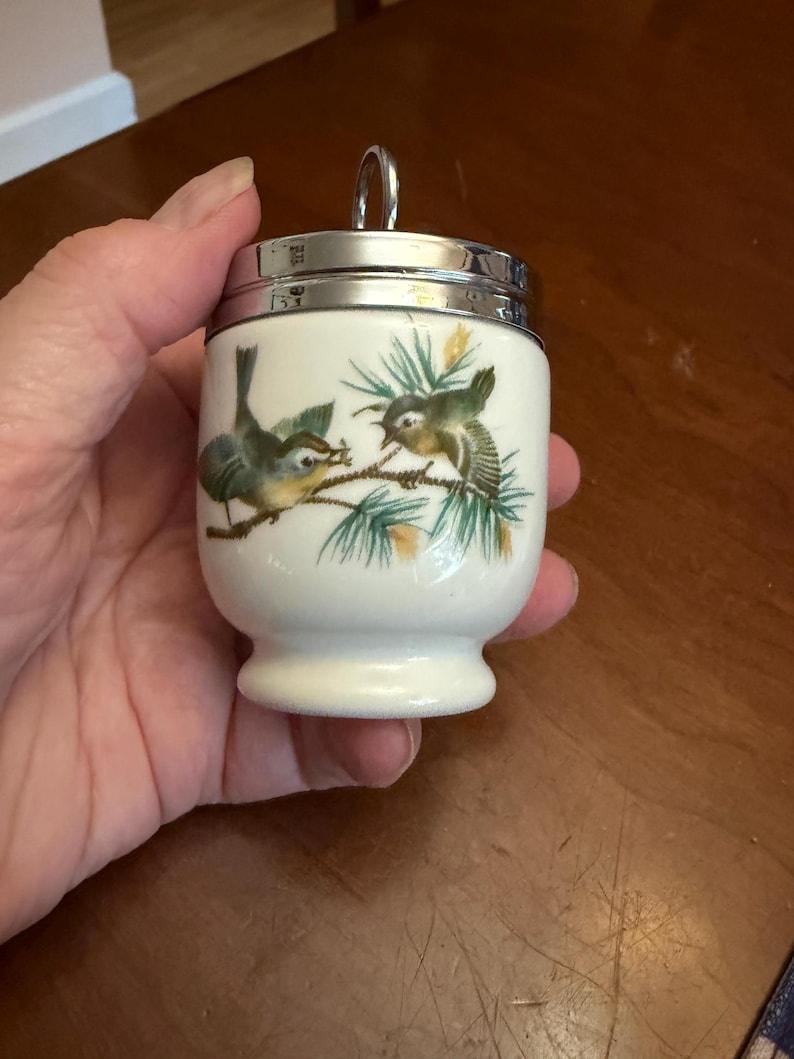 May include: A white porcelain egg coddler with a metallic silver lid and a ring handle. The body features a painted illustration of two small birds perched on green pine branches with brown accents, set against a plain white background.