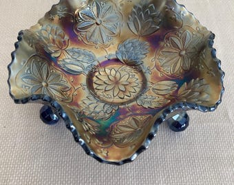 Fenton Electric Blue Carnival Glass Bowl: Water Lily & Poinsettia, Ruffled Edge