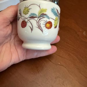 May include: A white porcelain egg coddler with a silver-toned metal lid and a ring handle. The body features a botanical pattern of red and yellow strawberries with green and blue leaves on thin brown stems, set against a smooth white surface.