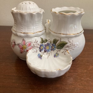 Può includere: Saliera e pepe in porcellana bianca con un motivo floreale e un piatto abbinato. Le saliere hanno un bordo dorato e sono collegate da un manico.