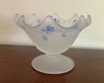 Westmoreland Glass Candy Dish, with hand painted blue flowers