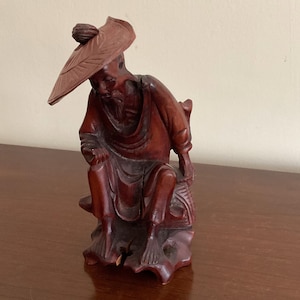 Vintage Carved Wood Statue of Old Chinese Fisherman