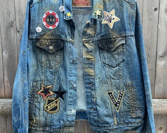 Veste Denim Jaune Et Noir à Pois BCBGeneration - Simili Cuir - Taille S Années 90