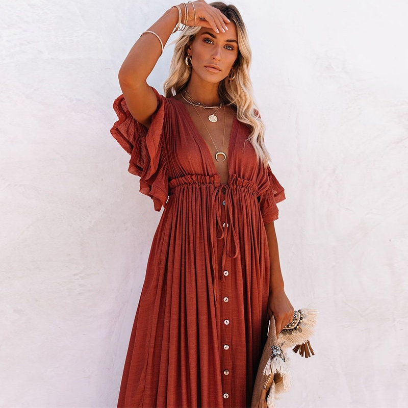 Rose Summer Boho Dress Women's Wrap Dresses Bohemian - Etsy