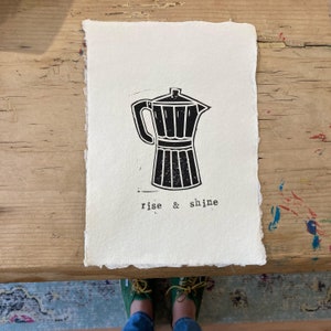 Rise & Shine / A5 Lino / Moka Pot / Coffee Love / Linoprint / Quirky Artwork / Handmade / LinoLizzy / Cotton Rag / Home Decor / Personalise