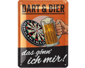 May include: Metal sign with the words "DART & BIER" in large, bold letters. The sign features a dartboard, a hand holding a beer mug, and the phrase "das gönn' ich mir!" in white text on a black background.
