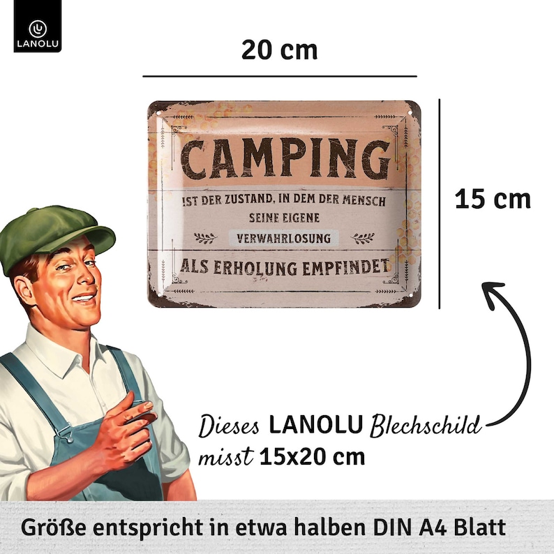LANOLU Retro tin sign CAMPING, camper gifts for motorhome drivers as funny caravan decoration, camping rules decoration caravan 15 x 20 cm image 3
