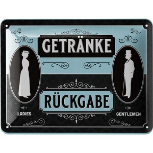 Può includere: Un cartello in metallo in stile vintage, nero e azzurro, con le parole tedesche "GETRÄNKE" e "RÜCKGABE". Presenta sagome di una donna e di un uomo, con le parole "LADIES" e "GENTLEMEN".