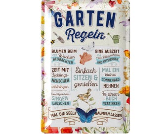 LANOLU Retro metal sign GARDEN RULES sign, metal signs garden with sayings, nostalgic decoration, decorative vintage metal sign 20 x 30 cm