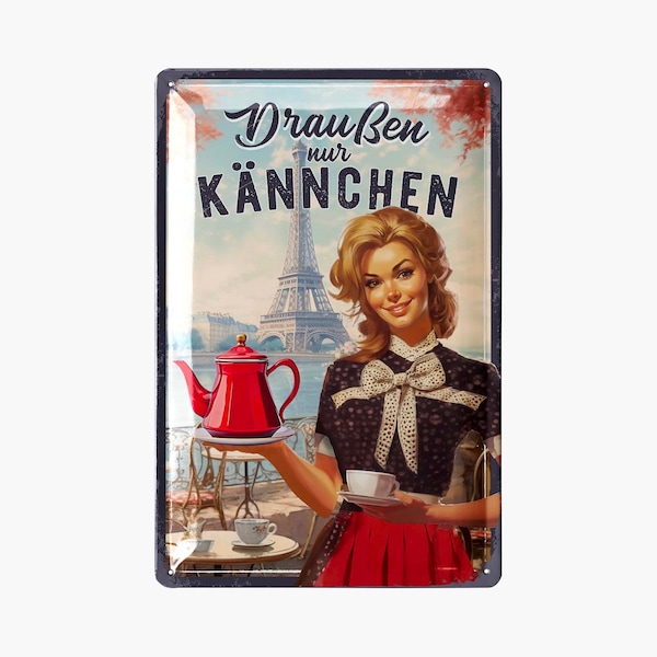 LANOLU Blechschild Retro - Draußen nur Kännchen Schild - Kaffee Schild, Metallschild Garten für Terrasse und Kaffee-Liebhaber 20x30cm