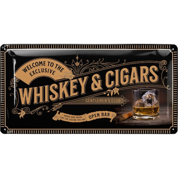 Retro tinnen bord Whiskey & Cigars Gentlemen's Club, barbord, whiskybord als bardecoratie voor Ierse pub, vintage metalen borden voor feesten