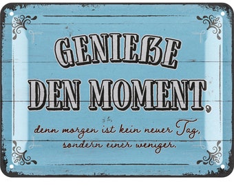 LANOLU Retro Tin Sign Enjoy the Moment, Vintage Metal Signs with Sayings, Shabby Chic Decoration for Kitchen and Garden, 15 x 20 cm