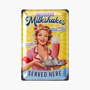 LANOLU Retro Tin Sign Kitchen MILKSHAKE - Vintage Kitchen Sign - US Diner Retro Decoration, Metal Sign with Saying, 20 x 30 cm