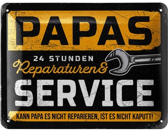 LANOLU Blechschild PAPAS SERVICE, Schild Werkstatt Papa, Geburtstagsgeschenk, Vatertagsgeschenk Schild Vater, retro Deko mit Spruch, 15x20cm