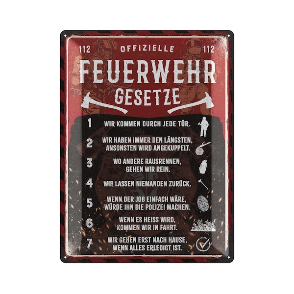 LANOUL XXL Retro Blechschild - Feuerwehrgesetze - Feuerwehr Geschenke für Männer, Geschenkideen für Männer, Feuerwehrmänner, 30x40cm