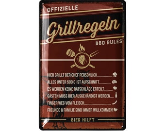 Retro Blechschilder Grillen - GRILLREGELN Schild - BBQ Grill Retro Deko - Grillplatz Schild Garten - Geschenk für Papas Grillecke Schild