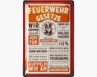 LANOLU Plaque en tôle rétro Fire Brigade Laws - Cadeaux de pompiers pour hommes, plaque décorative de pompiers - Plaque en métal avec inscription, 20 x 30 cm