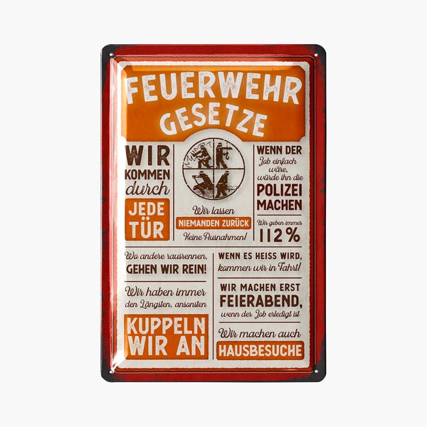 LANOLU Retro Blechschild Feuerwehrgesetze - Feuerwehrmann Geschenke für Männer, Feuerwehr Deko Schild - Metallschild mit Spruch, 20x30cm