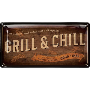 Retro metal signs grilling - GRILL and CHILL Lounge - BBQ Grill Retro Decoration - Barbecue area sign garden - Gift for dads barbecue corner sign
