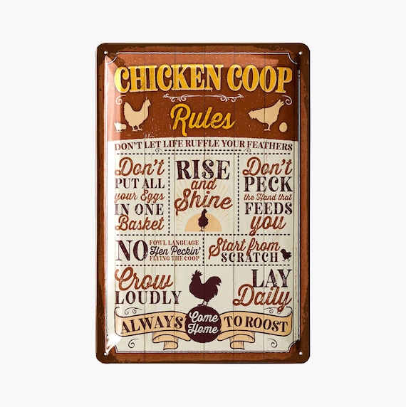 Divertente cartello in metallo decorativo con regole di pollo coop retrò cartelli vintage in alluminio per casa, giardino, caffetteria, bar, targa in latta 20,3 x 30,5 cm
