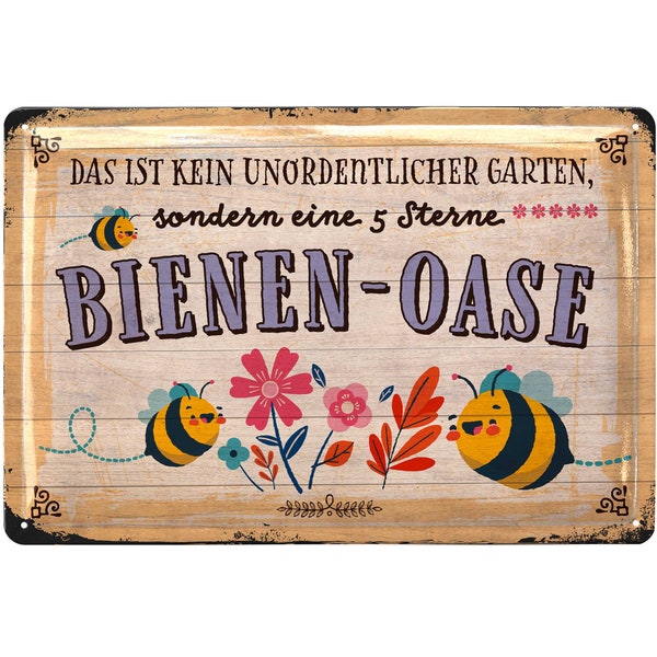 LANOLU Cartel de Chapa Retro BEE OASIS, Carteles de Chapa jardín con refranes, decoración nostálgica como Regalo de Jardinero 20 x 30 cm