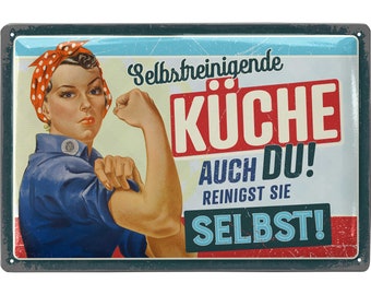 Retro Blechschild Küche - Vintage Schild mit Spruch - KÜCHENREGELN SELBSTREINIGUNG - lustige Wanddeko Küche - Poster als Metallschild