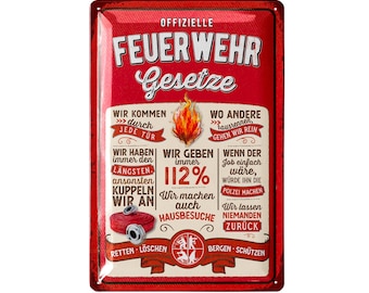 LANOLU Plaque en tôle rétro Fire Brigade Laws - Cadeaux de pompiers pour hommes, plaque décorative de pompiers - Plaque en métal avec inscription, 20 x 30 cm