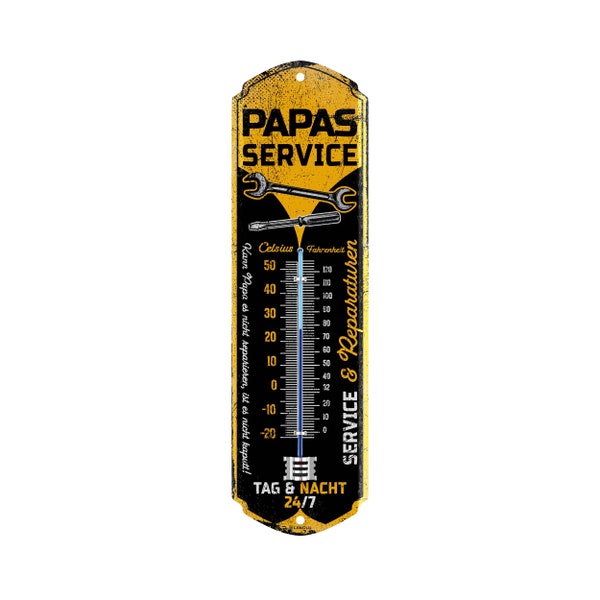 LANOLU Plaque en étain rétro PAPA'S SERVICE Thermomètre - Panneau Atelier Papa Cadeau d'anniversaire Cadeau de Fête des Pères 8 x 28 cm