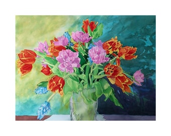 Wall Art Prints "Orange Blue and Pink Bouquet Glass Vase" 24 x 18 inches Matte Horizontal Posters Unframed | Flower Floral 02 Painting