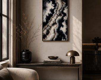 Orca Agate Abstract Wall Art | Black White Crystal Print | Luxury Mineral Inspired Decor | Modern Geode Artwork | Statement Poster