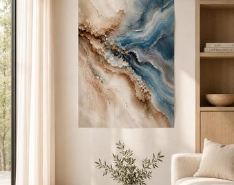 Blue Abstract Wall Art Print, Coastal Luxury Decor, Geode Artwork, Neutral Wall Art, Large Statement Poster, Contemporary Living Room Decor