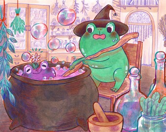 Froggy witch making potion but a naughty frog is in the pot! inkjet print 9x12 inches