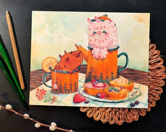 Tea Party Print | Capybara Alpaca Tea Teapot Tarts Illustration