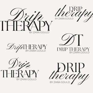 May include: Six variations of a logo for a business called "Drip Therapy" by Zara Gould. The logo features the words "Drip Therapy" in a stylized font with the words "by Zara Gould" underneath.