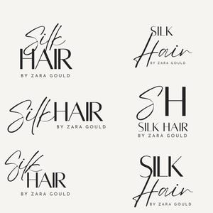 May include: Six variations of a logo for a hair salon called "Silk Hair" by Zara Gould. The logo features the words "Silk Hair" in different fonts and styles.