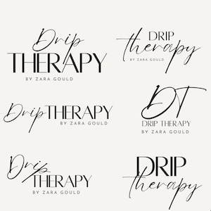 Pode incluir: Um design digital com seis variações do logotipo "Drip Therapy", com o texto "by Zara Gould" abaixo. Os logotipos são em um estilo de escrita preto minimalista, com o texto "IVD LOGO" no topo.