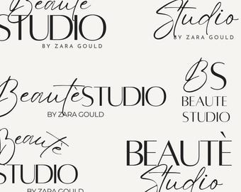 Puede incluir: Seis variaciones de un logotipo para un estudio de belleza. El logotipo presenta el texto "Beaute Studio" en una variedad de fuentes y estilos. El texto "By Zara Gould" aparece debajo del logotipo.