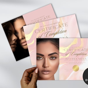 Diy-Abschlusszertifikat, bearbeitbare Zertifikatvorlage, Trainingskurs-Preis Schönheit, Canva-Zertifikat, Pinkgold, Wimpern, Haare, Nägel, BB-PGA