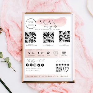 Rosa bearbeitbare Scan-to-Pay-Karte, Canva-Vorlage, QR-Zahlungszeichen-Vorlage, druckbares Scan-to-Pay-Zeichen, Kunden-QR-Zeichen, DIY Cash App-Zeichen