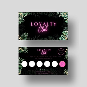 DIY Schwarz Grün Tropisch mit Pink Neon Loyalität VIP Belohnungen Bearbeitbare Digitale Visitenkarte Canva Vorlage für kleine Unternehmen