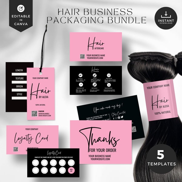 DIY Hair bundle tag template, pink black, hair extension business,hair hang tag,hair business packaging,hair aftercare,loyalty card,HBT-PB