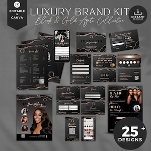 May include: A black and gold agate themed brand kit for a hair salon. The kit includes a price list, appointment cards, gift certificates, loyalty cards, social media templates, and more. The kit is designed to be used in Canva.