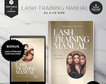 May include: A digital lash training manual with the title "Lash Training Manual" and the text "By Sara Grimson". The manual is available in A4 and US sizes. A tablet displays the manual, and a bonus lash aftercare card is included.