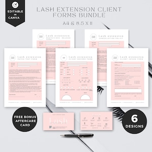 Puede incluir: Un conjunto de seis formularios de clientes para extensiones de pestañas imprimibles en rosa y blanco. Los formularios incluyen un formulario de prueba de parche, un formulario de liberación de fotos/vídeos, una política de cancelación, un formulario de registro de clientes, un formulario de admisión de clientes y una tarjeta de atención posterior gratuita como bono. Los formularios se pueden editar en Canva y están disponibles en tamaños A4 y 8,5 x 11.